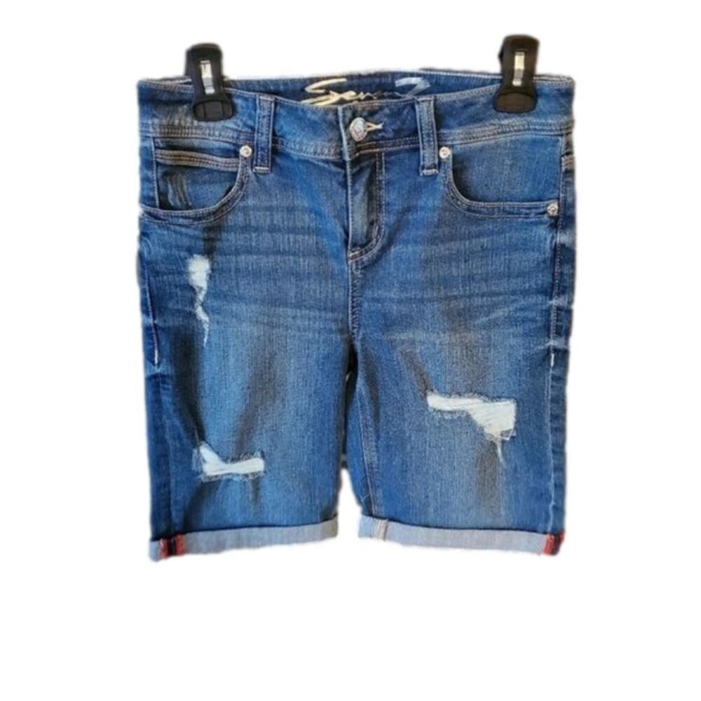 Seven7 Womens Distressed Denim Bermuda Shorts Medium Wash Cuffed Size 4